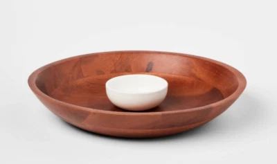 Ceramic Signature Chip and Dip Serving Bowl Wooden Vegetable Tray-Threshold 14A
