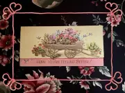 Vintage Greeting Card Get Well Bouquet Garden Cart Gold Die Cut 1930s Env NOS