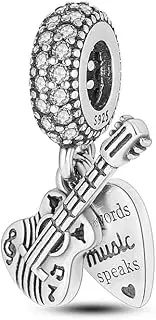 [Generic] M&S Guitar Charm Love Heart When Words Fail Music Speaks Charm Bead Pendant, 925 Sterling Silver Dangle Charm, Compatible With Pandora & European Bracelet …, Metal