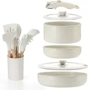IPOW Pots and Pans Set, 15PCS Cookware with Frying Pans & Saucepan, Space Saving