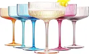 Ribbed Vintage Art Deco Coupe Glasses | 10 OZ Glass, 6-Set | Martini, Champagne & Cocktail Ribbed, Winter Bright Colored Crystal Glassware - Goblet Stemmed Ripple Glassware, Housewarming (Pastel)