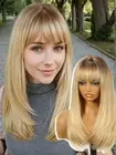 Ombre Light Brown Long Layered Straight Wig with Bangs for Women,Synthetic He...