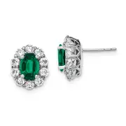 14k White Gold 1 1/5 Ct. Lab Grown Diamond VS/SI+ G+ and Oval Created Emerald Halo Post Earrings