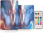 XYMZR Wolf Head Fire Blue Flameless Candles with Remote Set of 2 - No Batteries Included, 3” Diameter Battery Candles Flickering with Timer, LED Pillar Votive Candles for Outdoor Indoor