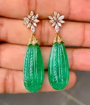 Antique style Art Deco Natural Emerald Diamond Gold Earrings