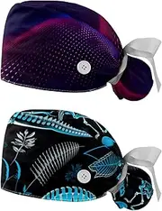 [YTYVAGT] 2-Pc,Nurse Scrub Caps,Scrub Hats with Buttons and Cotton Sweatband,Abstract Purple Wave Art Pattern