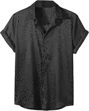 [Falainetee] Men's Satin Leopard Print Short Sleeve Button Down Lapel Collar Silk Shirts Top