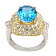 De Buman 10.36ctw Genuine Swiss Blue Topaz Solid 18KY & 925 Silver Ring Size 7