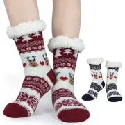 Christmas Non-Slip Floor Socks for Women Cozy Fleece House Socks with Anti-Skid Sole-Wine Red