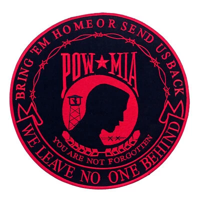 POW MIA we Leave on One Behind Red Round Iron on Patch for Biker Vests & Jackets