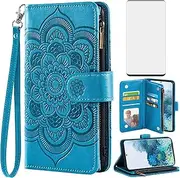 [Asuwish] Compatible with Samsung Galaxy S20 Plus Glaxay S20+ 5G Wallet Case and Tempered Glass Screen Protector Flip Card Holder Cell Phone Cover for Gaxaly S20+5G S20plus 20S + S 20 20+ G5 Women Blue