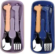 FUNNUO Stainless Steel Kids Cartoon Cutlery Set With Portable Case, Kid Spoon and Fork Set, Safe Toddler Utensil Set for Children Self-Feeding (2, BLue and Purple)
