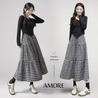 在飛比找momo購物網優惠-【Amore】日韓格紋舒適氣質長裙(氣質百搭輕飄長裙)