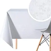 PVC Tablecloth Wipe Clean - Rectangular Oil Cloth 118x55in | 300x140cm - Embossed Elegant Wipeable Table Cloth Rectangle Oilcloth - Vinyl Dinning Waterproof Table Cover in Plain White
