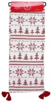 Fabric Table Runner (14"x72") RED SNOWFLAKES & CHRISTMAS TREES, Total Home