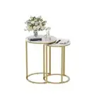 2x Elegant Sintered Stone Nesting Side End Tables Round Coffee Table Gold White
