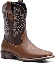 [Lumeheel] Cowboy Boots for Men - Western Men's Boots with Classic Embroidered, Slip on Square Toe Boots, Slip Resistant Country Boots Chunky Heel Ankle, Durable Short Boots for Spring Fall, Brown, 11