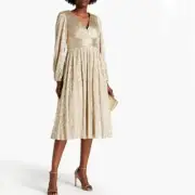 Aidan Mattox Gold Metallic Long Sleeve Midi Dress Size 10 Party Feminine A-Line