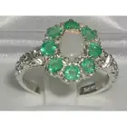 Solid 9k White Gold Natural Opal & Emerald Womens Cluster Ring - Sizes 4 to 12