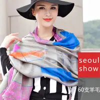 在飛比找PChome24h購物優惠-seoul show首爾秀 普普條格60支紗羊毛圍巾披肩 灰