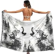 [XYMZR] Women's Sarong Swimsuit Coverups Wolf Howling Black White Chiffon Bikini Wraps Skirt with Tassels L
