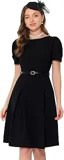 [Allegra K] Women's Elegant Work Dress Belted Boat Neck Short Sleeve Dresses