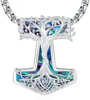 Stylish Yggdrasil Tree of Life & Thor's Hammer Sterling Silver Pendant Necklace