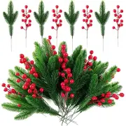 32PCS Artificial Pine Branches Christmas Holly Berries Artificial Red Berry S...