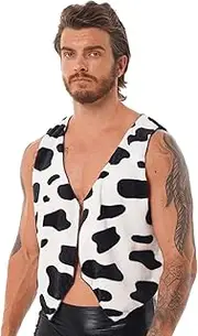 [Vxuxlje] Men's Cow Printed Flannel Vest Top Sleeveless Open Front Waistcoat Halloween Costume