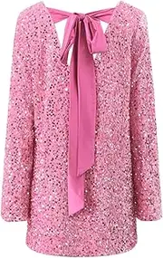 [BJUTIR] Sequin Dress for Women Long Sleeve Sparkly Dresses Back Petersham Ribbon Bow Party Night Out Club Festival Mini Dress