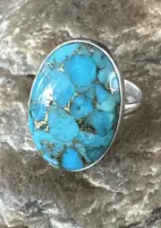 Blue Mohave Turquoise Navajo Sterling Silver Ring Adjustable Size 8 15714