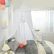 Bed Canopy for Girls Kids, Dreamy Frills Ceiling Hanging Princess Canopy with String Light Mosquito Net with Round Dome Bed Canopies for Nursery Room Baby Crib Child Bed Decor Play Tent Reading Nook