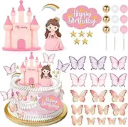 Hooqict 33PCS Princess Cake Decorations Set with Butterflies, Balls, Stars, Castle Cake Toppers & Cupcake Toppers for Girls Princess Birthday Party Decorations Tea Party Supplies