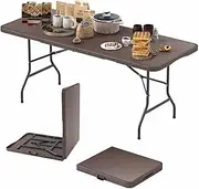 Costway 180cm Outdoor Portable Folding Table, 160kg Fold-in-Half Table w/HDPE Rattan-Like Tabletop, Safe Lock Mechanism, Patio Folding Dining Table w/Carrying Handle for Party, Picnic, Camping