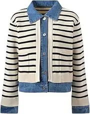 [Generic] Cardigan Sweaters for Women Denim Patchwork Shirt Collar with Contrasting Stripes Knitted Short Jacket Top