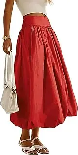 [peassa] Women's Bubble Long Skirt Elastic Waist A-Line Pleated Ruffle Flowy Balloon Maxi Skirts with Pockets