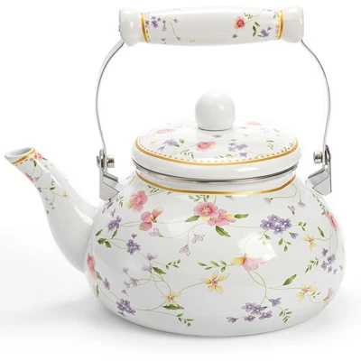 Vintage Enamel Tea Kettle, 2.6 Quart Floral Enamel Water Kettle Teapot with