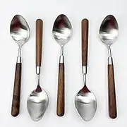 Yumokit 5 Piece Rustic Wooden Handle Spoon Set - 304 Stainless Steel Serving Tablespoons and Wooden Dinner Spoons with Walnut Handles (Dinner Spoons), Silver, HX017
