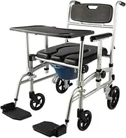 Shower Commode Mobile Chair Commode/Shower Wheelchair Padded Toilet Seat Shower Transport Chair with 4 Brakes, Removable Pedal, Adjustable armrest, PU Commode Seat and Pail 300lb 4 in 1
