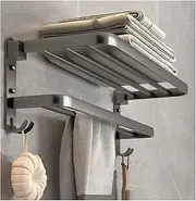 2-Tier Bathroom Towel Rack Towel Shelf with Towel Bar, SUS 304 Stainless Steel Wall Mount Towel Holder Matte Finish 90° Foldable (Color : Gray, Size : 60cm)