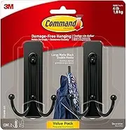 Command Large, Damage Free Hanging Wall Hooks with Adhesive Strips, No Tools Double Wall Hooks for Christmas Decorations, 2 Black Plastic Hooks and 2 Strips