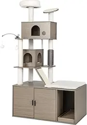 Costway 2 in 1 Cat Tree Litter Box Enclosure, Modern Cat Tower with Double Condos, Top Perch, Sisal Posts, Scratching Board, Ramp, Platform, Dangling Balls, Cat House Furniture for Indoor Cars