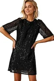[R.Vivimos] Women's Trendy Party Sparkly Sequin Dress Short Sleeve Back Button Crew Neck Loose Fit Glitter Mini Dress