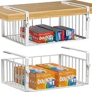 AmonHouseware 2Pack Under Shelf Basket Organizer,Adjustable Hanging Holder Storage for Cabinet Pantry Kitchen Cupboard Desk Counter Bookshelf Organization Add-on Space Saver Heavy Duty Slide-in,White