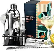 Cocktail Shaker Set with Stand, Cocktail Gift Set, Cobbler Shaker Bar Set for Bartender Professional Cocktail Shaker Stainless Steel Original Gifts for Men Women Bartender