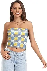 [RPLIFE] Stylized Cartoon Cats Womens Crop Tube Top Strapless Tube Tops for Women, Mesh Tube Tops, Summer Crop Tops (S)