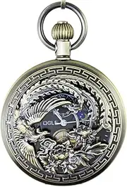 [OGLE] Waterproof Bronze Phoenix Black Tourbillon Phases Moon Chain Fob Automatic Mechanical Pocket Watch