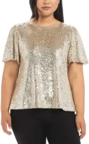Hilary Radley Short Sleeve Flowy Sequin Champagne Blouse, Small, NWT