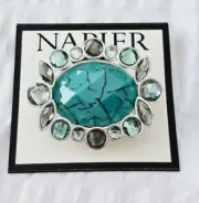 Napier Faux Oval Turquoise Shades of Green Rhinestone Pin Brooch - Signed - NEW