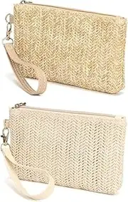 [Dwellia] 2 Pcs Straw Clutch Purse, Straw Handbag, Summer Beach Straw Bag, Bohemian Wristlet Bag Weaving Bag for Women